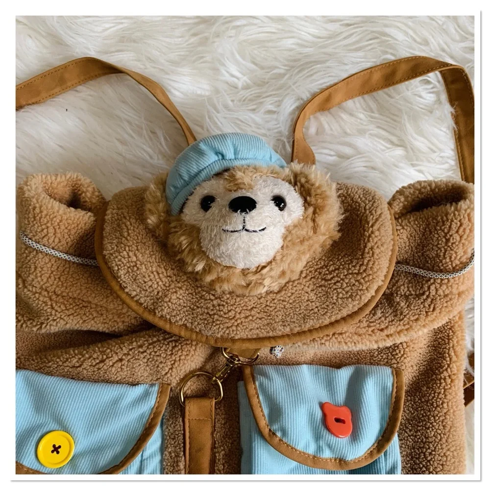Disney Shanghai Resort Duffy The Bear Sherpa Backpack Bag Brown Blue One Size
